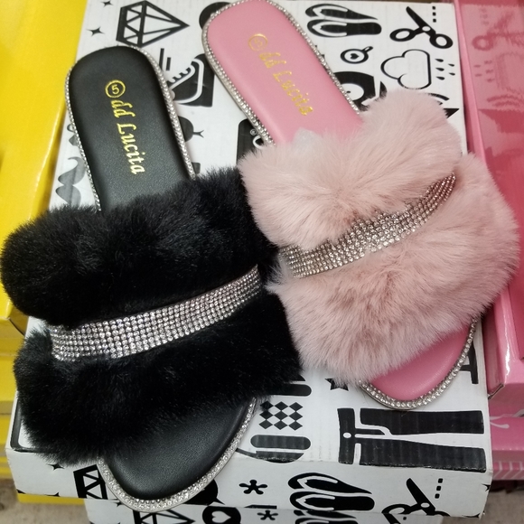Shoes - Faux Fur Slide slippers Sandals with  Rhinestones